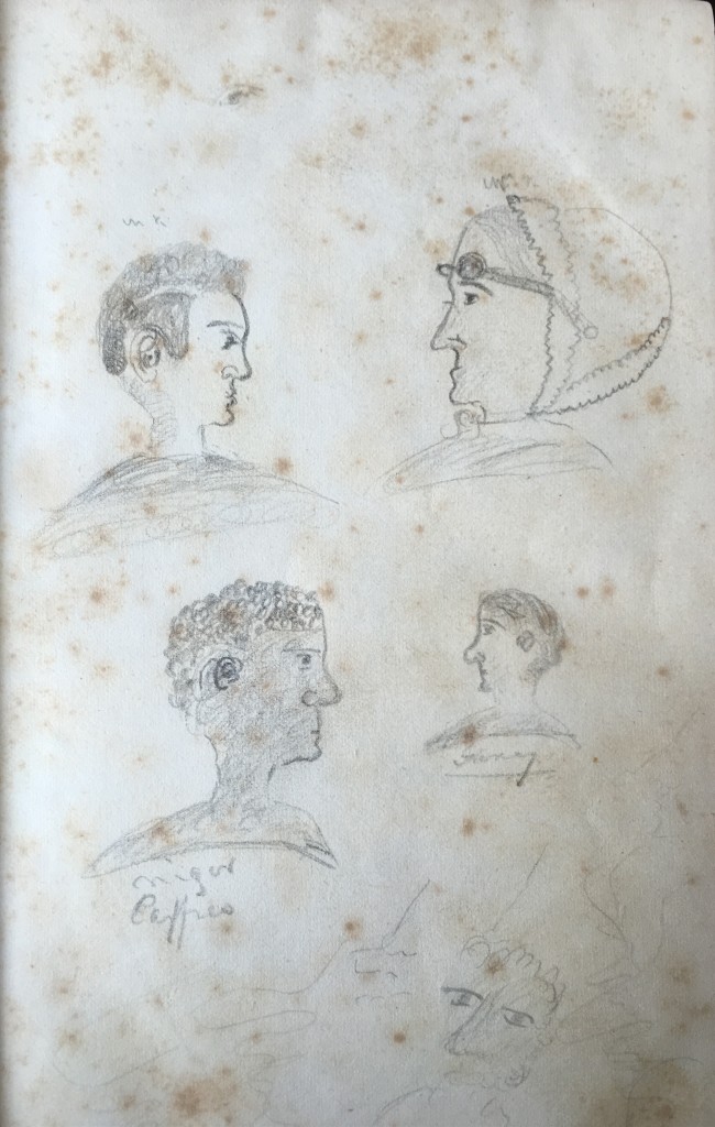 Four portraits presented in profile: top left of an adult male, top right of an elderly female, middle left of a Black male, captioned "Niger [sic], caffres" (both pejorative terms) middle right a bearded adult male rendered much smaller and possibly captioned "Jimmy." In the bottom center an amorphous front view of a possibly Black face. 