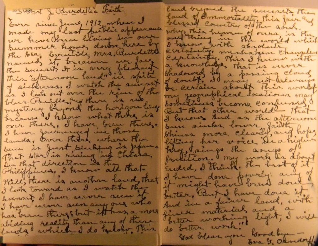 Photograph of the letter on faith written by Robert Burdette and copied by hand onto sheets of paper pasted into a copy of the book "God and the Struggle for Existence" by BH Streeter, owned by the University of Virginia Library.